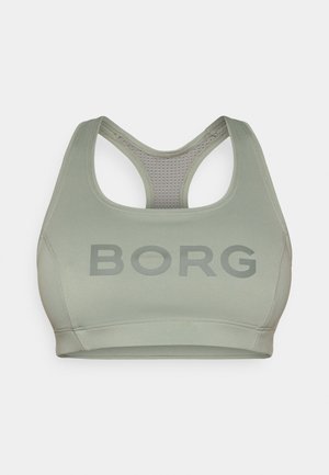 Light green sports bra with a racerback design. Features a textured interior and bold gray "BORG" logo on the front. Smooth fabric texture.