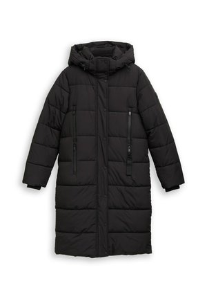 Manteau rembourré noir avec capuche, au design long, comportant des boutons-pression, des zips sur les côtés et un tissu texturé avec un motif matelassé.