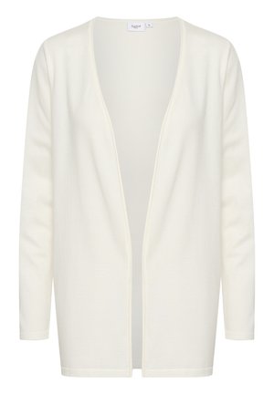 Valge, pikkade varrukatega kardigan sügava V-kaeluse ja avatud esiosa kujundusega. Valmistatud pehmest, tekstuurilisest kangast, millel on mugav lõige ja minimaalne disain.