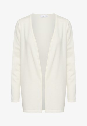 Cardigan blanco de manga larga con escote en V profundo y apertura frontal. Confeccionado en una suave tela texturizada, presenta un corte relajado y un diseño minimalista.