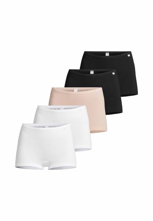 Fem par kvinders sømløse boyshort undertøj i hvid, beige og sort, arrangeret i en forskudt række.