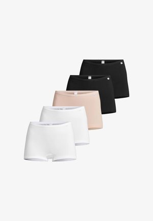 Fem par kvinders sømløse boyshort undertøj i hvid, beige og sort, arrangeret i en forskudt række.