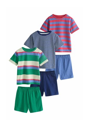 Drei Sets aus kurzärmeligen gestreiften T-Shirts und einfarbigen Shorts in Rot-Blau, Marineblau-Weiß und Grün-Mehrfarben-Streifen, vertikal angeordnet.