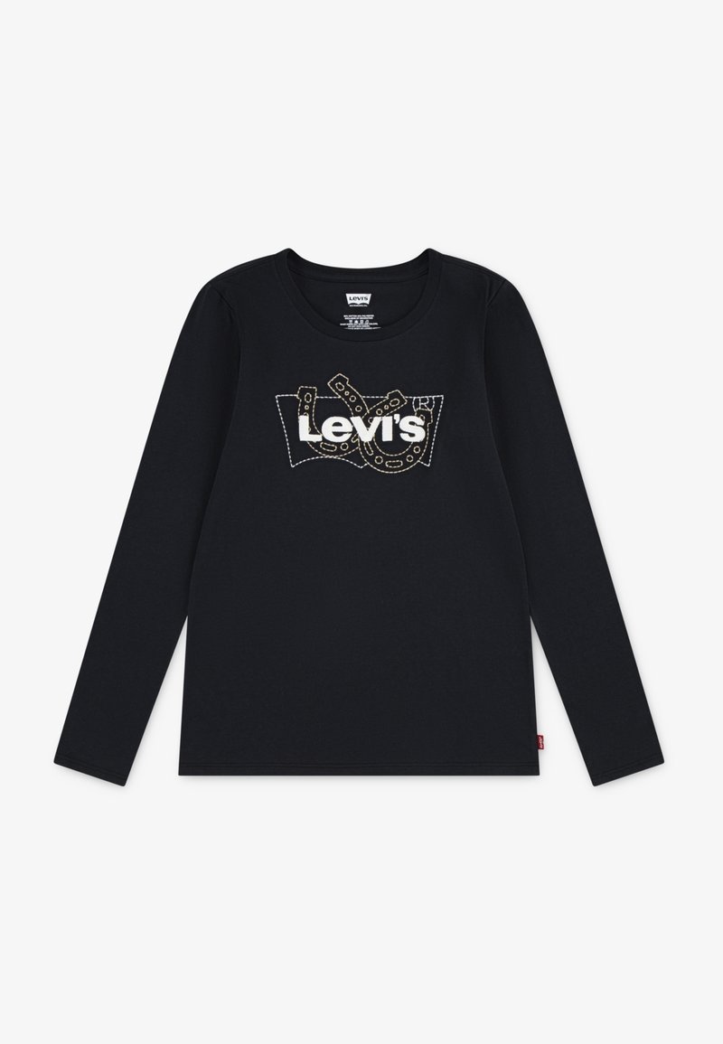Camiseta negra de manga larga con cuello redondo, con el logotipo blanco de "Levi's" y un diseño de herradura bordado en el pecho.
