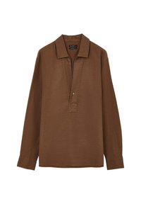 Camicia a maniche lunghe marrone in tessuto testurizzato, dotata di colletto, mezza patta di bottoni e maniche a taglio dritto.