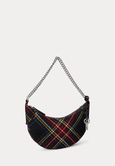 Kockás anyagból készült válltáska, félhold alakú; ezüst lánc pánttal és cipzáras záródással; színek: piros, kék, sárga és fekete.