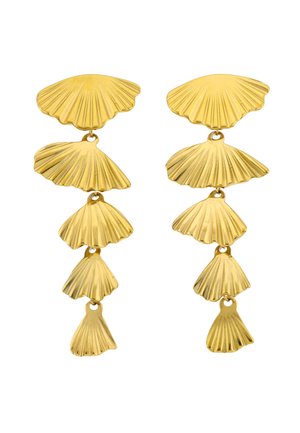 Oorbellen in goudkleurig metaal met vijf verbonden segmenten in de vorm van zeeschelpen, aflopend in grootte.