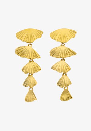 Øreringe i guldfarve med fem sammenkædede segmenter formet som kammuslingeskaller i faldende størrelsesorden.