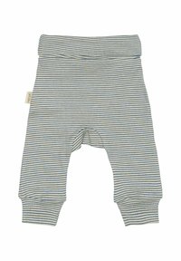 Pantalones de bebé a rayas en color crema claro con rayas azules y verdes, con una suave cintura elástica y dobladillo acampanado. Hechos de una tela de algodón ligera.