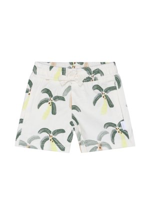 Witte zwembroek met een palmboomprint in groen, geel en bruin. Elastische tailleband met trekkoord. Zacht, lichtgewicht stof.