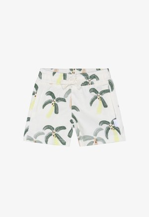 Witte zwembroek met een palmboomprint in groen, geel en bruin. Elastische tailleband met trekkoord. Zacht, lichtgewicht stof.