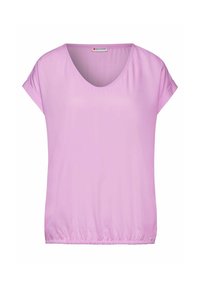Top corto rosa a maniche corte con scollo a V, realizzato in tessuto morbido. Presenta un orlo elastico arricciato per una vestibilità comoda e uno stile informale.