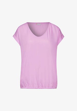 Rosa kortärmad topp med V-ringning, tillverkad av mjukt tyg. Har en samlad elastisk nederkant för en avslappnad passform och en casual stil.