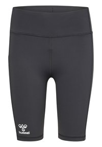 Svart knälånga träningsshorts gjorda av stretchigt material, med en slät yta och en vit logotyp på nedre vänstra sidan.