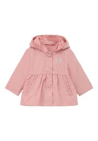 Vaaleanpunainen huppari, joka on valmistettu sileästä kankaasta ja jossa on rypytetty huppu, etunapit ja kukkakuvioinen sydänkirjonta.