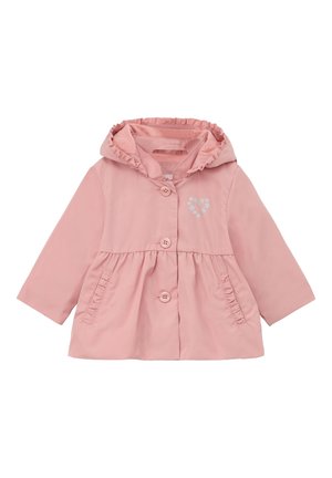 Rosa Kapuzenjacke aus glattem Stoff, mit rüschiger Kapuze, Vorderknöpfen und einer floralen Herz-Stickerei.