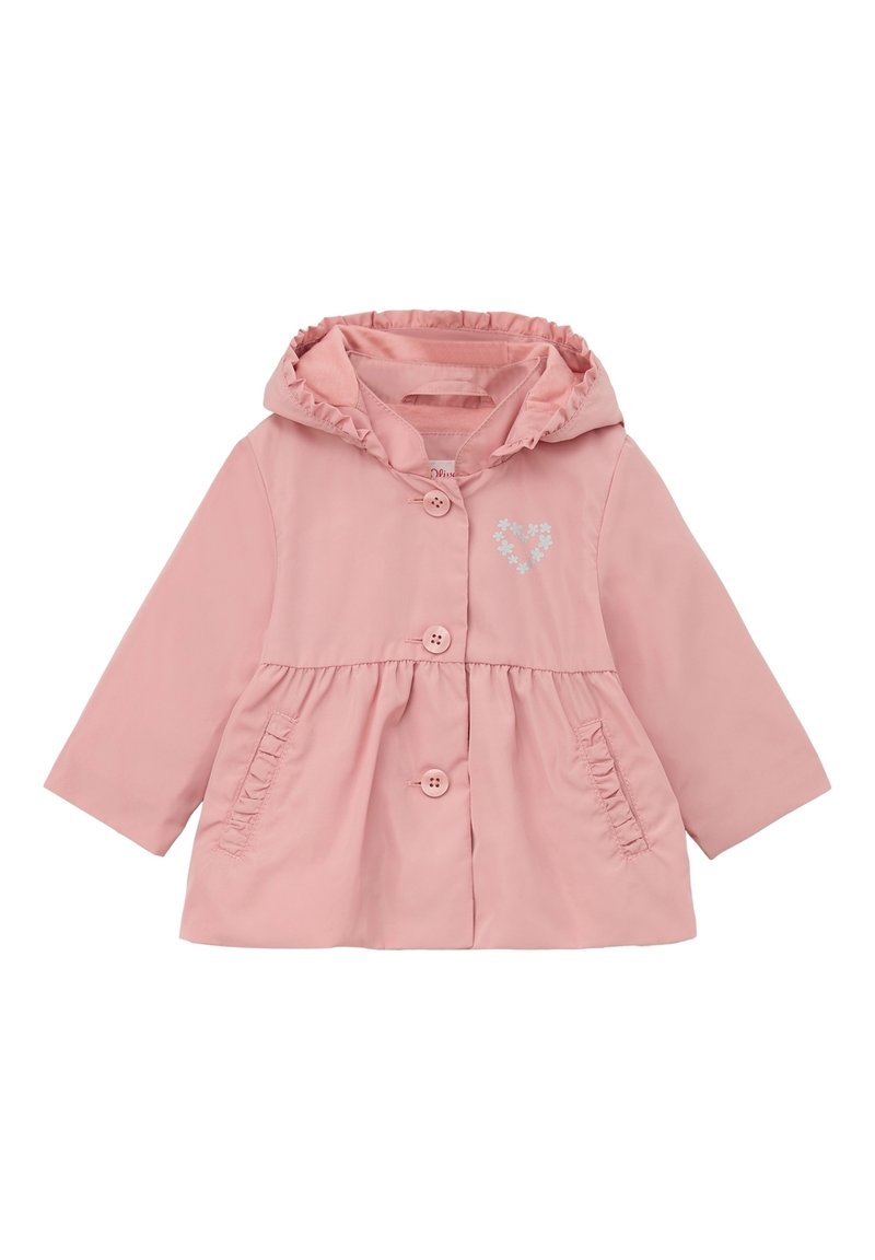 Vaaleanpunainen huppari, joka on valmistettu sileästä kankaasta ja jossa on rypytetty huppu, etunapit ja kukkakuvioinen sydänkirjonta.