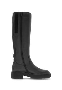 Botte noire hauteur genou avec fermeture éclair latérale, panneau élastique, semelle épaisse et petit talon, présentée en profil latéral sur un fond blanc.