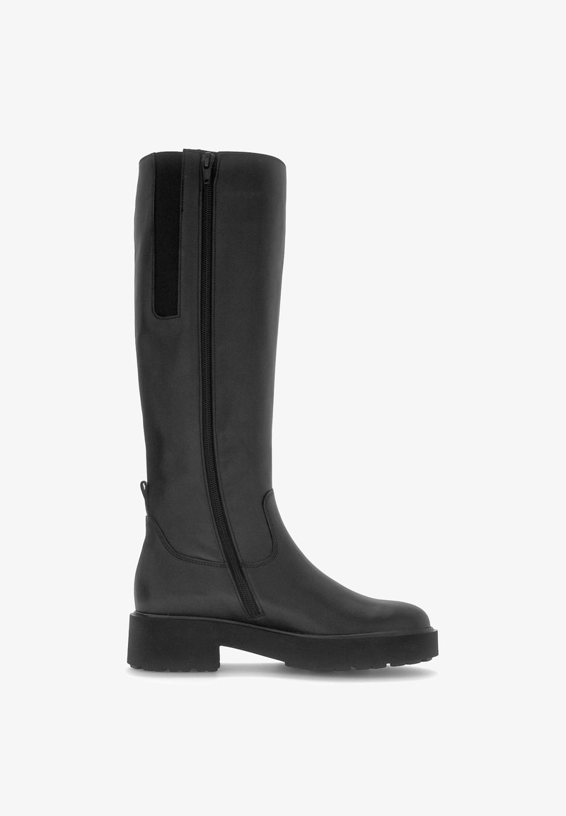 Botte noire hauteur genou avec fermeture éclair latérale, panneau élastique, semelle épaisse et petit talon, présentée en profil latéral sur un fond blanc.
