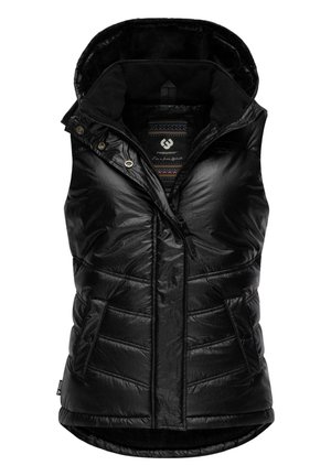 Black padded vest with hood, featuring shiny material, zip closure, side pockets, and a textured inner lining with geometric patterns.