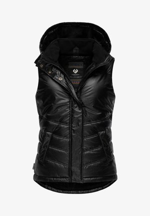 Gilet imbottito nero con cappuccio, realizzato in materiale lucido, chiusura con zip, tasche laterali e fodera interna testurizzata con motivi geometrici.