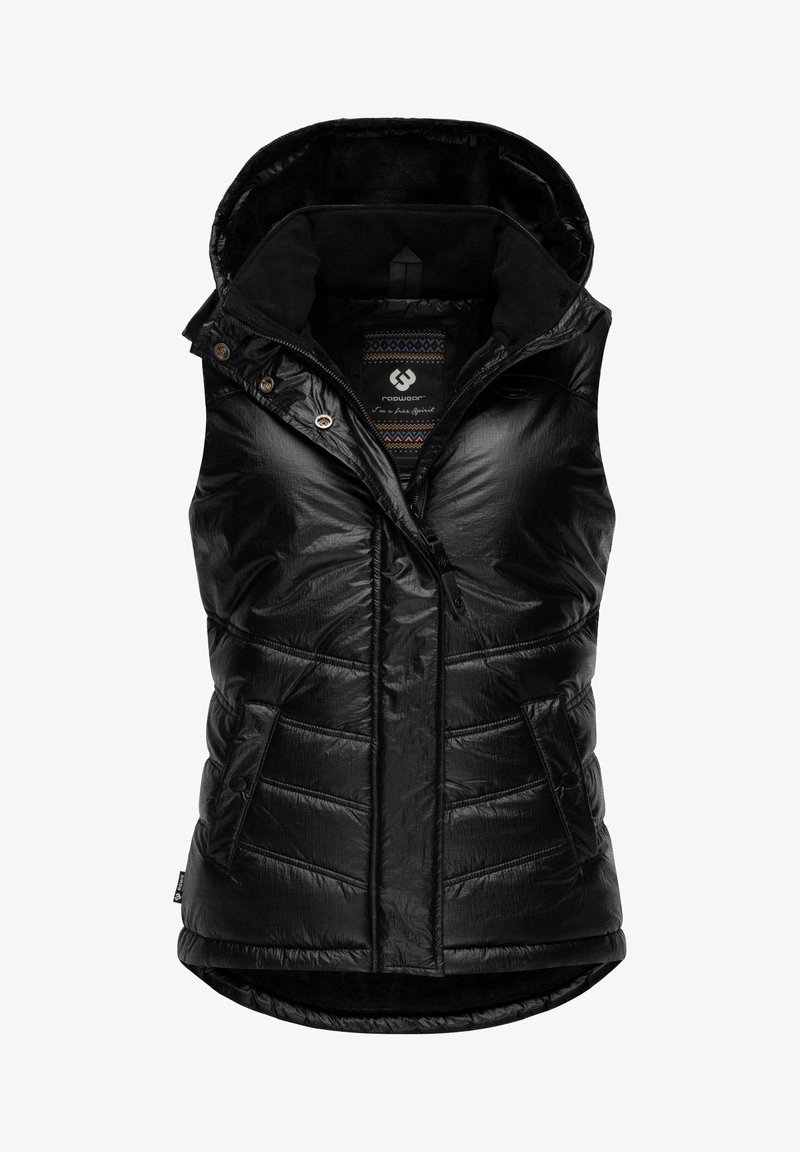 Melna, pildīta veste ar kapuci, kas izgatavota no spīdīga materiāla, ar rāvējslēdzēju, sānu kabatām un teksturētu iekšējo odere ar ģeometriskām rakstām.