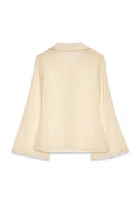 Blusa a maniche lunghe color beige chiaro con colletto, realizzata in tessuto testurizzato. Presenta una linea dritta e maniche a campana per un volume aggiuntivo.