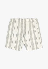 Leinenshorts in einem creme- und grau gestreiften Muster mit vertikalen Streifen, ausgestattet mit einem elastischen Bund. Weicher Stoff, lässiges Design.