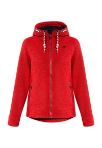 Veste à capuche zippée rouge avec des cordons de tirage rayés blancs et noirs, des poches latérales zippées et un petit logo d'ombrelle noire sur la poitrine.