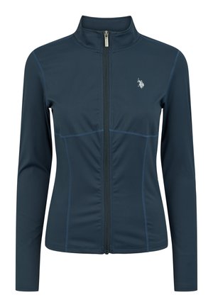 Donkerblauwe ritsjack met lange mouwen. Het jack heeft contrasterende lichtblauwe stiksels en een klein logo op de borst. Het materiaal lijkt glad te zijn.