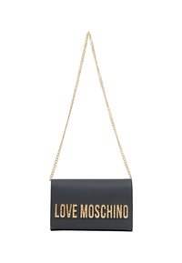 Borsa a pochette nera con tracolla a catena dorata e logo testurizzato "LOVE MOSCHINO" in lettere dorate luccicanti sulla parte anteriore.