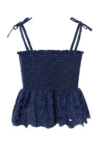 Navyblauw peplumtop met een gesmokte buste, verstelbare schouderbanden en bloemenoogjes aan de zoom. Lichtgewicht gestructureerde stof.