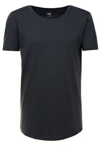 T-shirt noir en coton à manches courtes avec col rond et étiquette de la marque Lee à l’intérieur du col, taille medium.