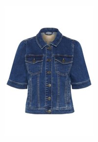 Denimjas met korte mouwen, donkerblauwe kleur, twee borstzakken, knoopsluiting aan de voorkant en contrasterende stikdetails.