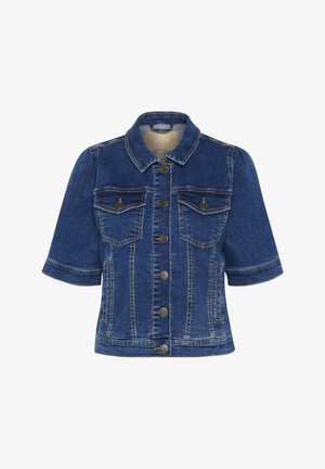 Denim jacket with short sleeves, dark blue color, two chest pockets, button front closure, and contrasting stitching details.
