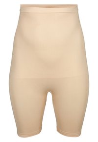 Beige high-waisted shapewear shorts met een geribbelde textuur, gladde afwerking en naadloos ontwerp, tot halverwege het bovenbeen.