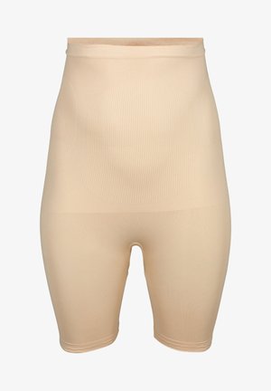 Shorts shaping taille haute beiges avec une texture côtelée, une finition lisse et un design sans couture, s'étendant jusqu'à mi-cuisse.