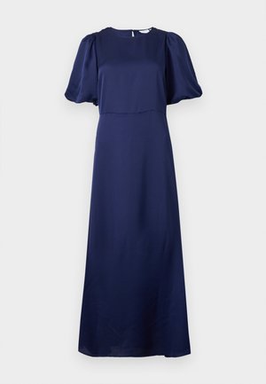 Granatowa midi sukienka z bufiastymi krótkimi rękawami, okrągłym dekoltem i zapięciem na guzik w kształcie dziurki na plecach.