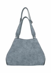Borsetta in morbido suede sintetico grigio chiaro con manici ampi, forma strutturata e texture liscia. Presenta un design minimalista senza decorazioni.