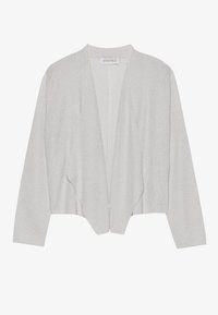 Světle šedý cardigan s otevřeným předním dílem, dlouhými rukávy a volným límcem, vyrobený z jemného pleteného materiálu, označený "ANNA FIELD."