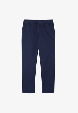 Tengerés kék pamut chino nadrág, slim fit szabással, gombos záródással, övhurkokkal és két oldalzsebbel. Sima textúra, egyszerű dizájn.
