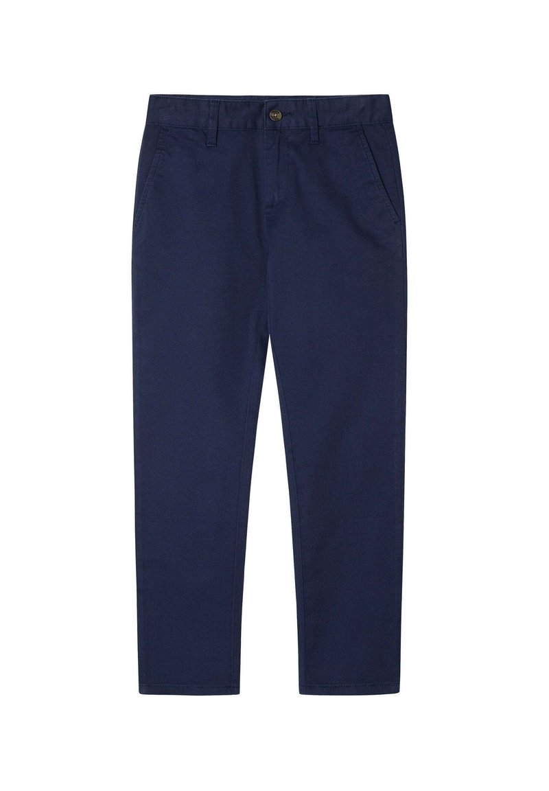 Navy blå bomullsk chinos med smal passform, med knappelukking, beltehanker og to sidelommer. Glatt tekstur, enkelt design.