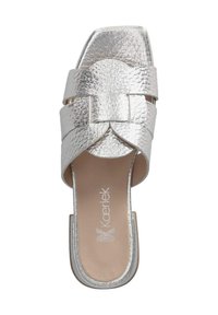 Silver metallic slide sandal with a textured finish, wide straps, and a square toe. Features a cushioned insole and a flat sole.