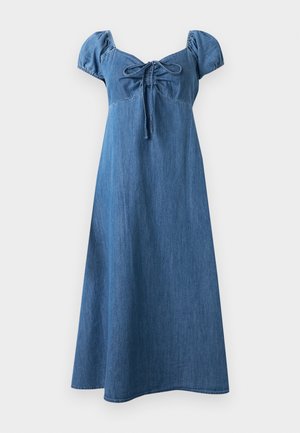 Jeans-Midikleid mit Puffärmeln, herzförmigem Ausschnitt und Knotendetail vorne, mit einem leicht ausgestellten Rock.