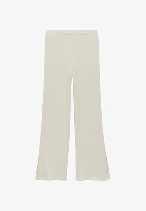 Cream-colored, textured, wide-leg pants with a ribbed pattern and side slits at the hem, featuring an elastic waistband.