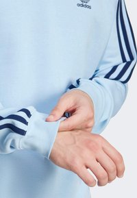 Ljusblå tröja med lång ärm och mörkblå tre-randiga mönster på ärmarna. Mudden är åtsittande och tyget verkar mjukt och slätt.