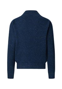 Gebreide trui in donkerblauw met een gespikkeld patroon. Heeft een kraag, lange mouwen en een geribde zoom. Zachte textuur met een ontspannen pasvorm.