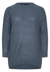 Suéter de punto en un suave tono azul con un corte holgado, cuello redondo y un patrón texturizado. Presenta mangas largas y un dobladillo ligeramente curvado.