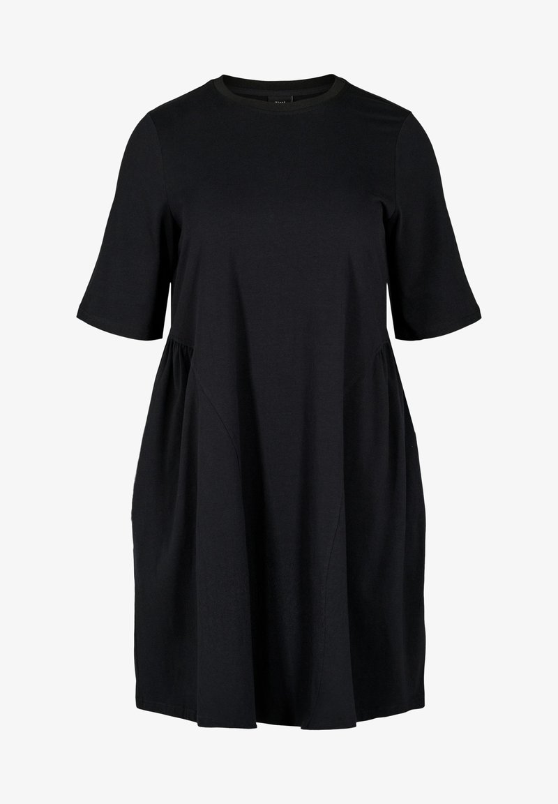 Robe noire longueur genou avec manches courtes, encolure ronde et coutures latérales froncées pour une coupe ample et fluide.