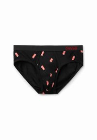 Schwarze Baumwollslips mit wiederholtem Coca-Cola-Dosenmuster in Rot und Weiß, mit einem roten gestickten Logo am Bund.